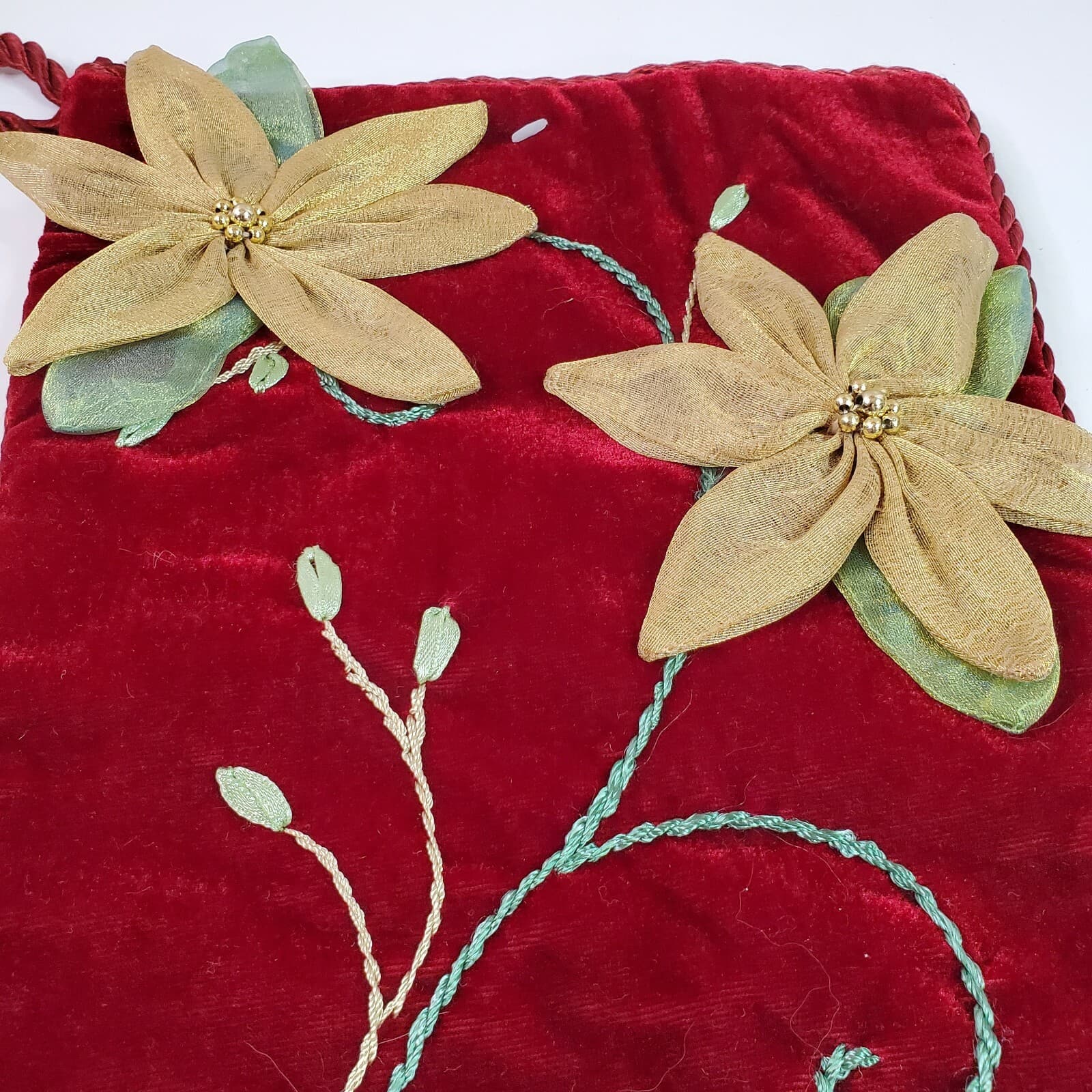 Vintage PRIMA CREATIONS Burgundy Velvet Gold Pointsetta Christmas Stocking - Thumbnail 4