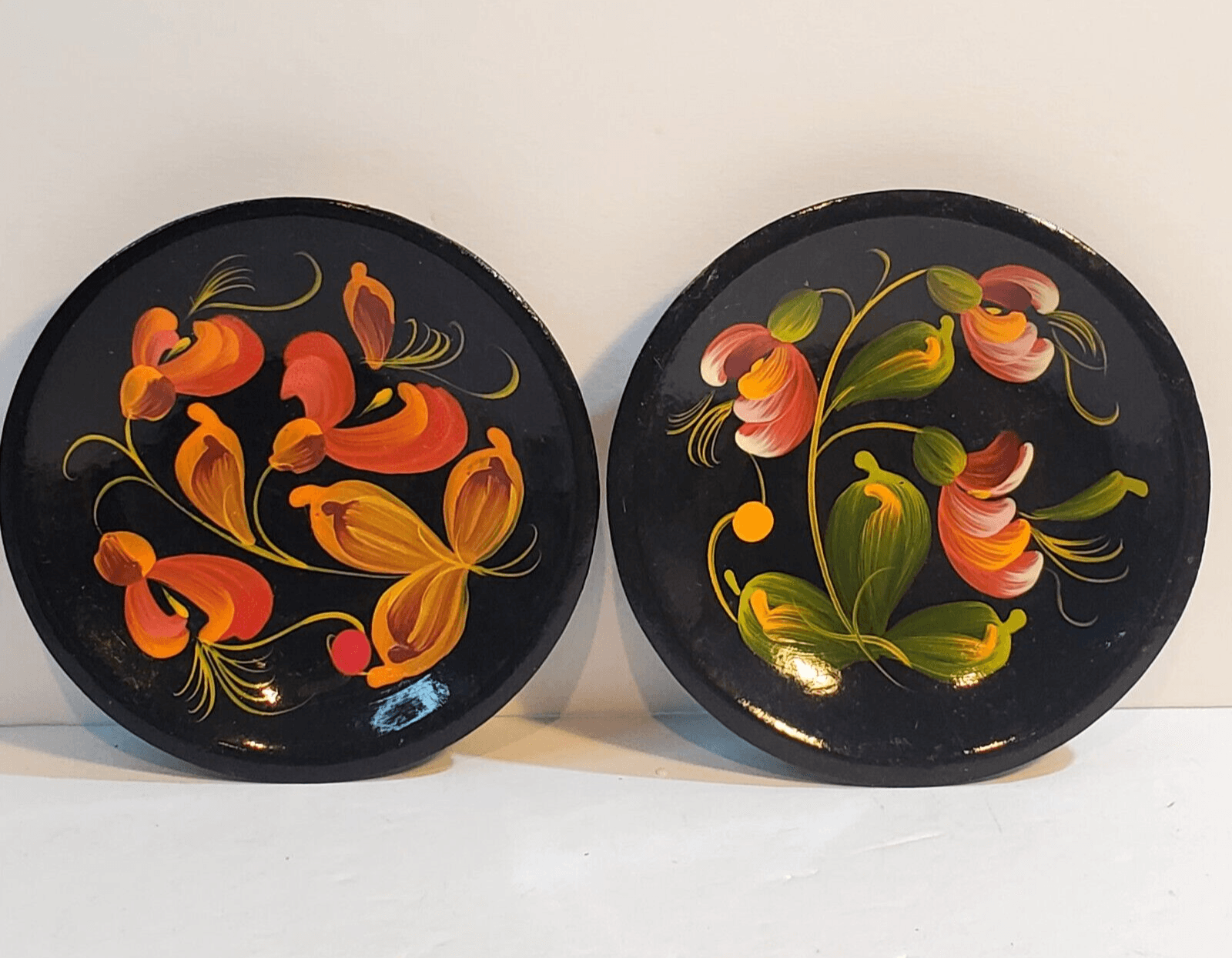 Vintage Wooden Hand Painted Floral Mini Wall Plates Made In USSR 4 inch Set of 2