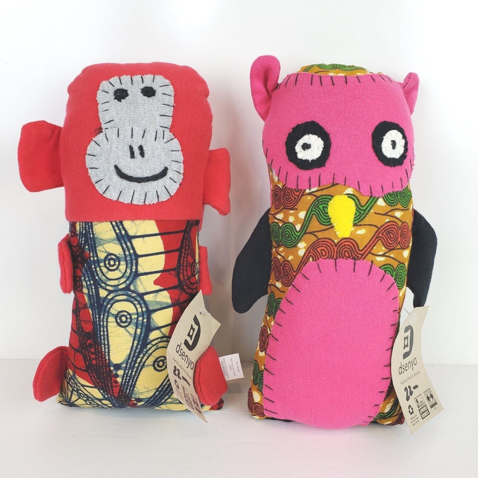 Dsenyo Lot of 2 Primitive Plush Monkey and Owl Stuffed Animal Handmade in Malawi