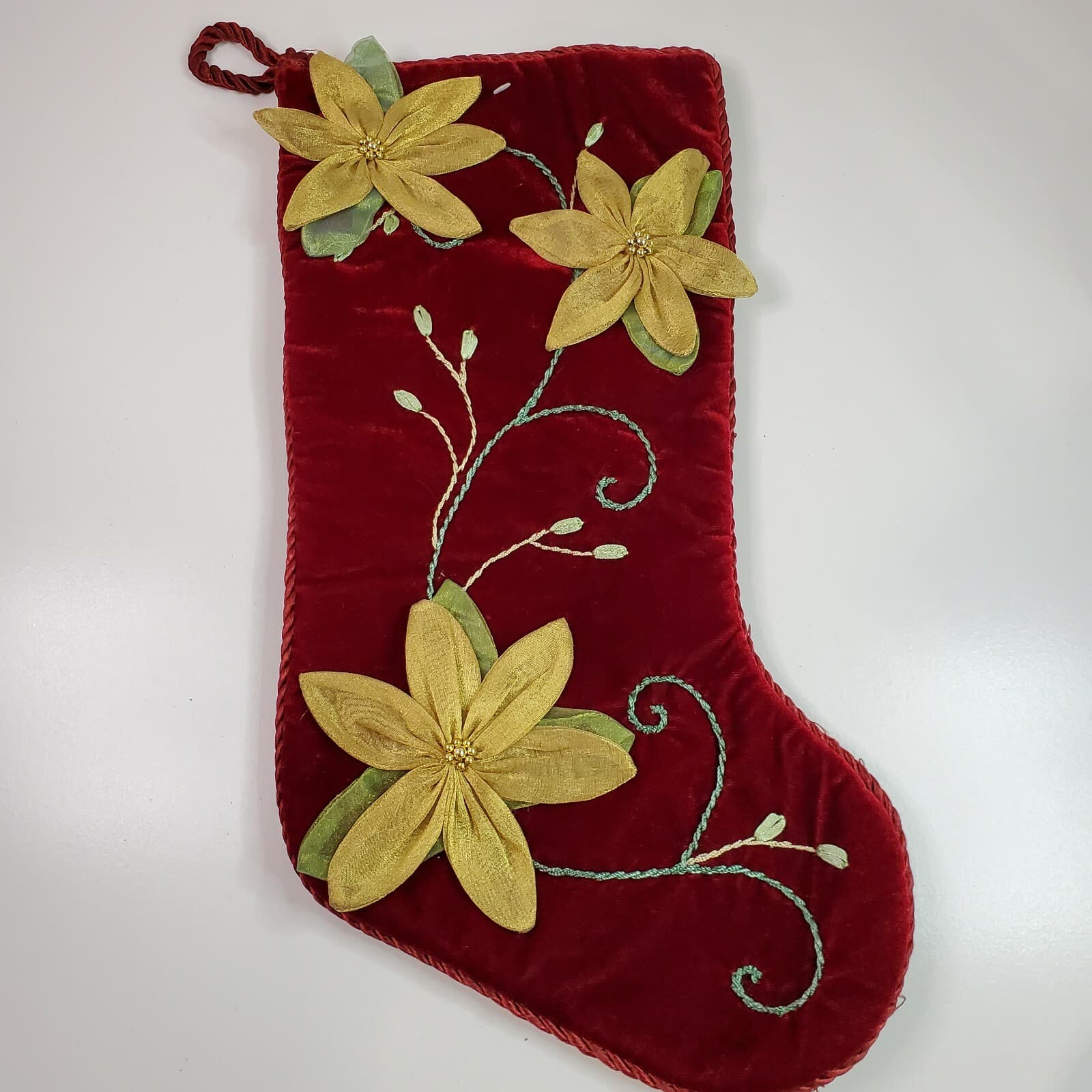 Vintage PRIMA CREATIONS Burgundy Velvet Gold Pointsetta Christmas Stocking