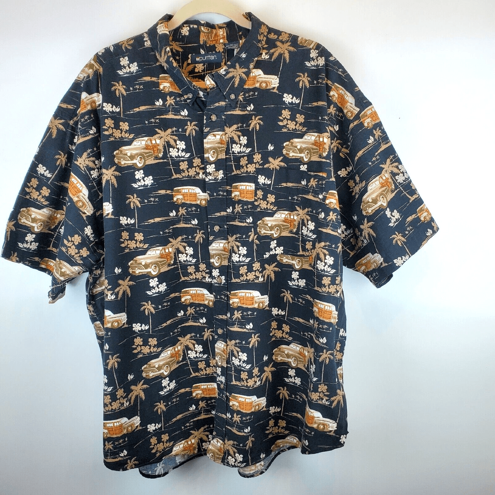 Puritan Men's 3XL Cotton Hawaiian Aloha Shirt Black Tan Woodie Cars Palm Trees