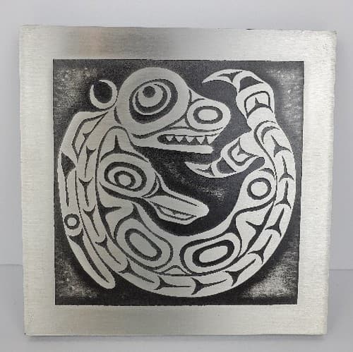 Vtg Handcrafted Whale Story Orchard Studio Etched Aluminum 5.5" Plaque Canada