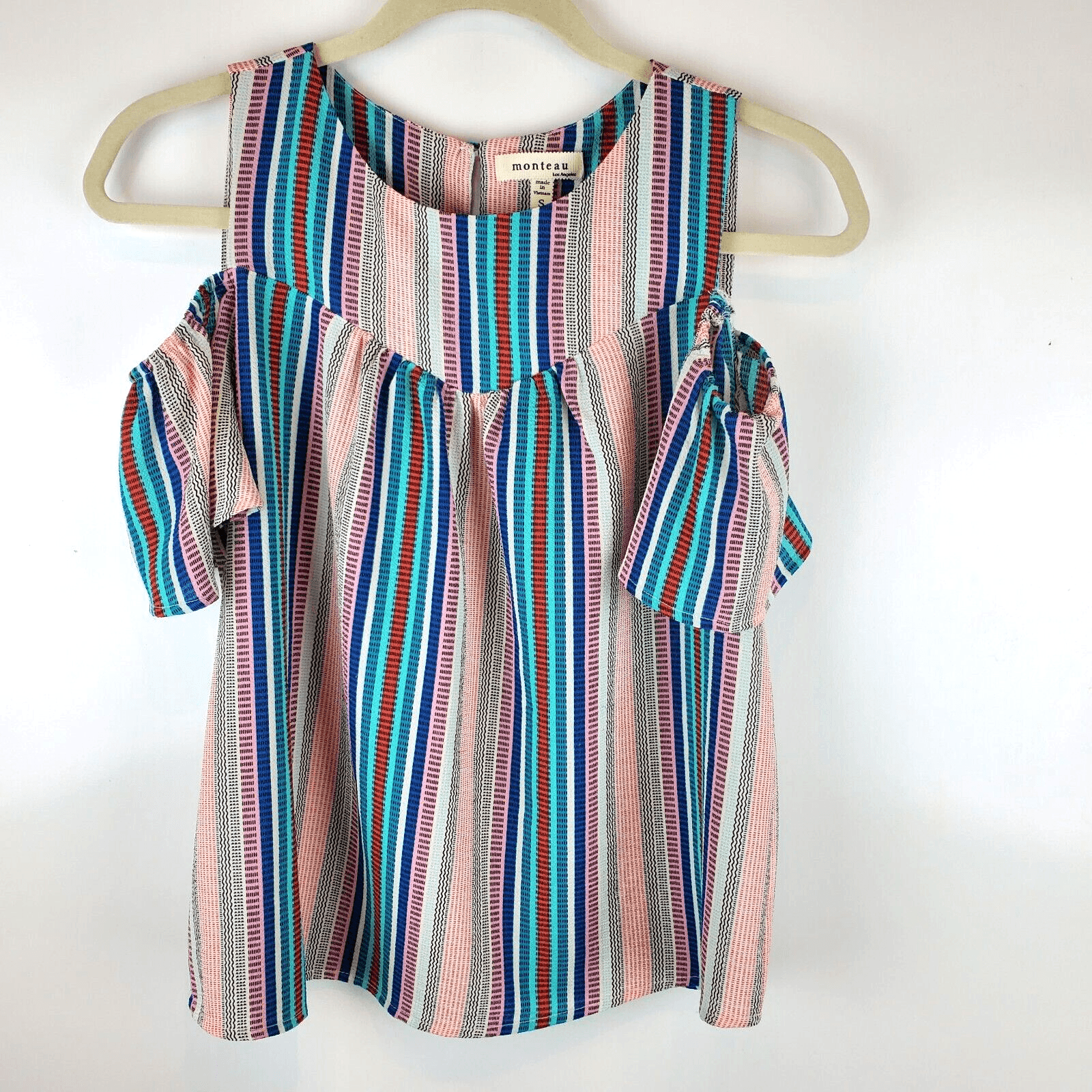 Monteau Women's Cold Shoulder Top Size S Cream Multicolor Striped Babydoll