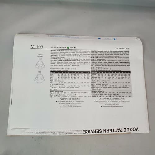 Vogue Sewing Pattern V1109 Today's Fit Sandra Betzina Misses Top Uncut All Sizes - Thumbnail 4
