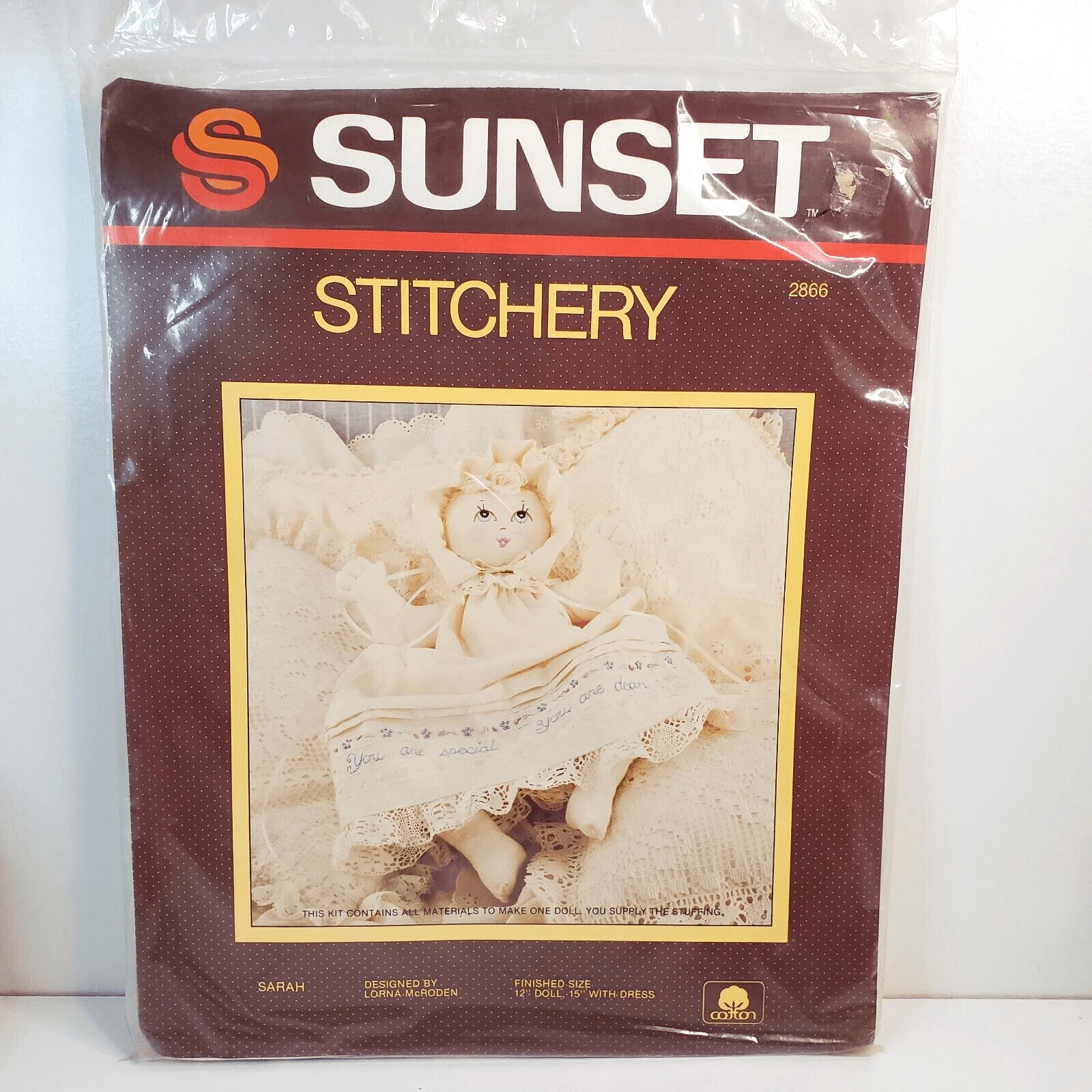 Vtg Sunset Stitchery Sarah Doll & Dress Kit 12" doll 15" Dress 2866 NOS Craft