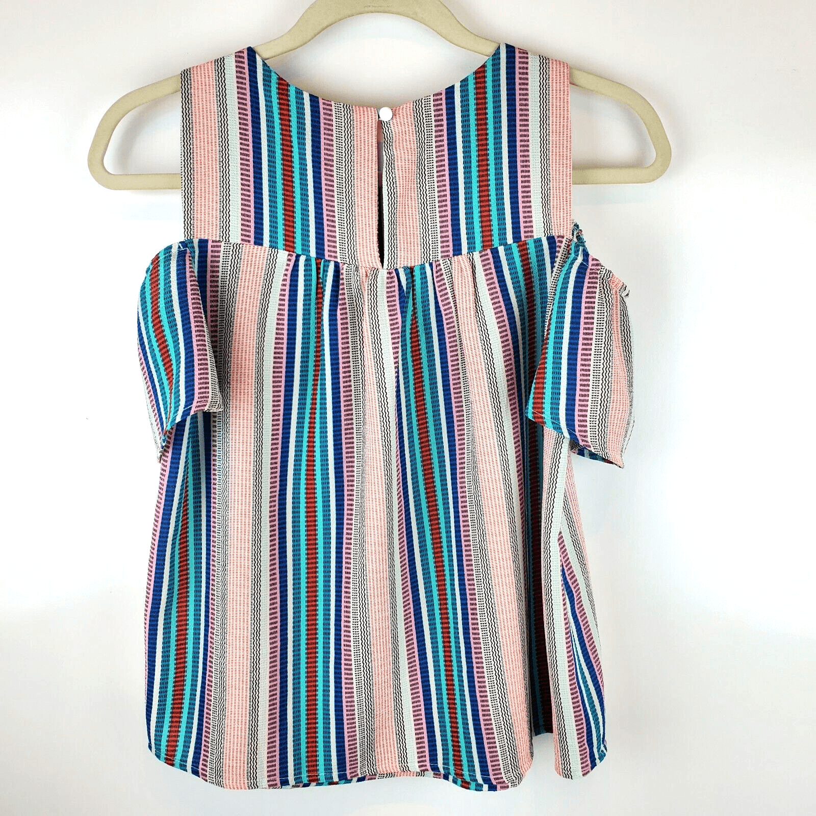 Monteau Women's Cold Shoulder Top Size S Cream Multicolor Striped Babydoll - Thumbnail 2