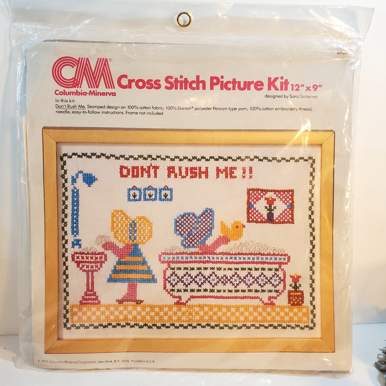 Vintage 1977 Columbia Minerva Don't Rush Me Sara Gutierrez Cross Stitch Kit HB21