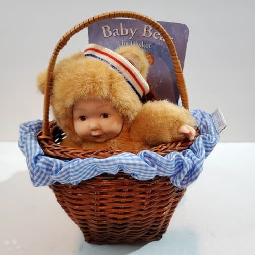 Anne Geddes Baby Bear In Basket 2002 Red White Blue Striped Sailor Hat