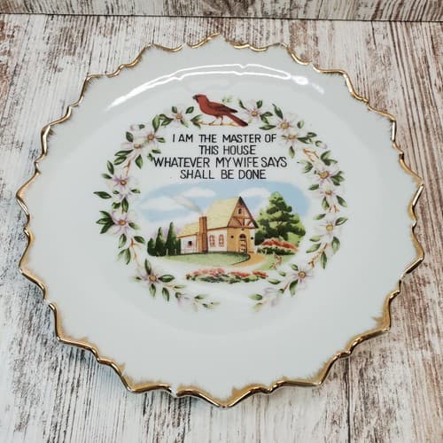 Vtg Artmark “Master of this house whatever my wife says" wall decor plate Japan