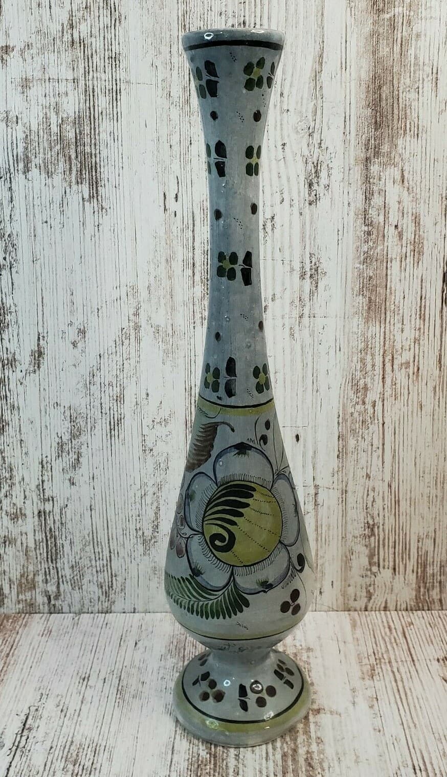 Mexican Pottery Blue Brown Tall Vase Hand Painted Floral Flowers Signed Folk Art