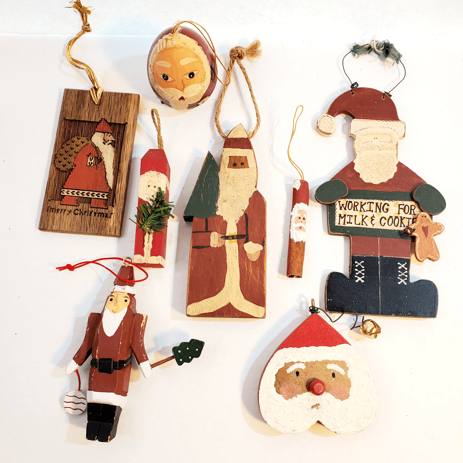 Lot of 7 Rustic Wooden Santa Christmas Ornaments Folk Art and Cinnamon Stick