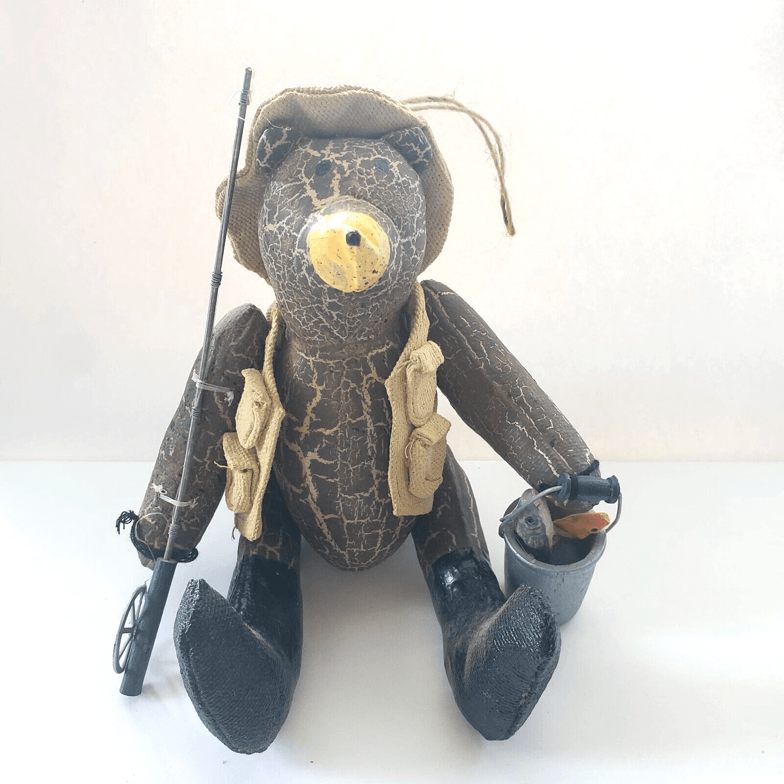 Jointed Bear Fishing Vest Pole Bucket of Fish 7" Cloth Resin Christmas Ornament