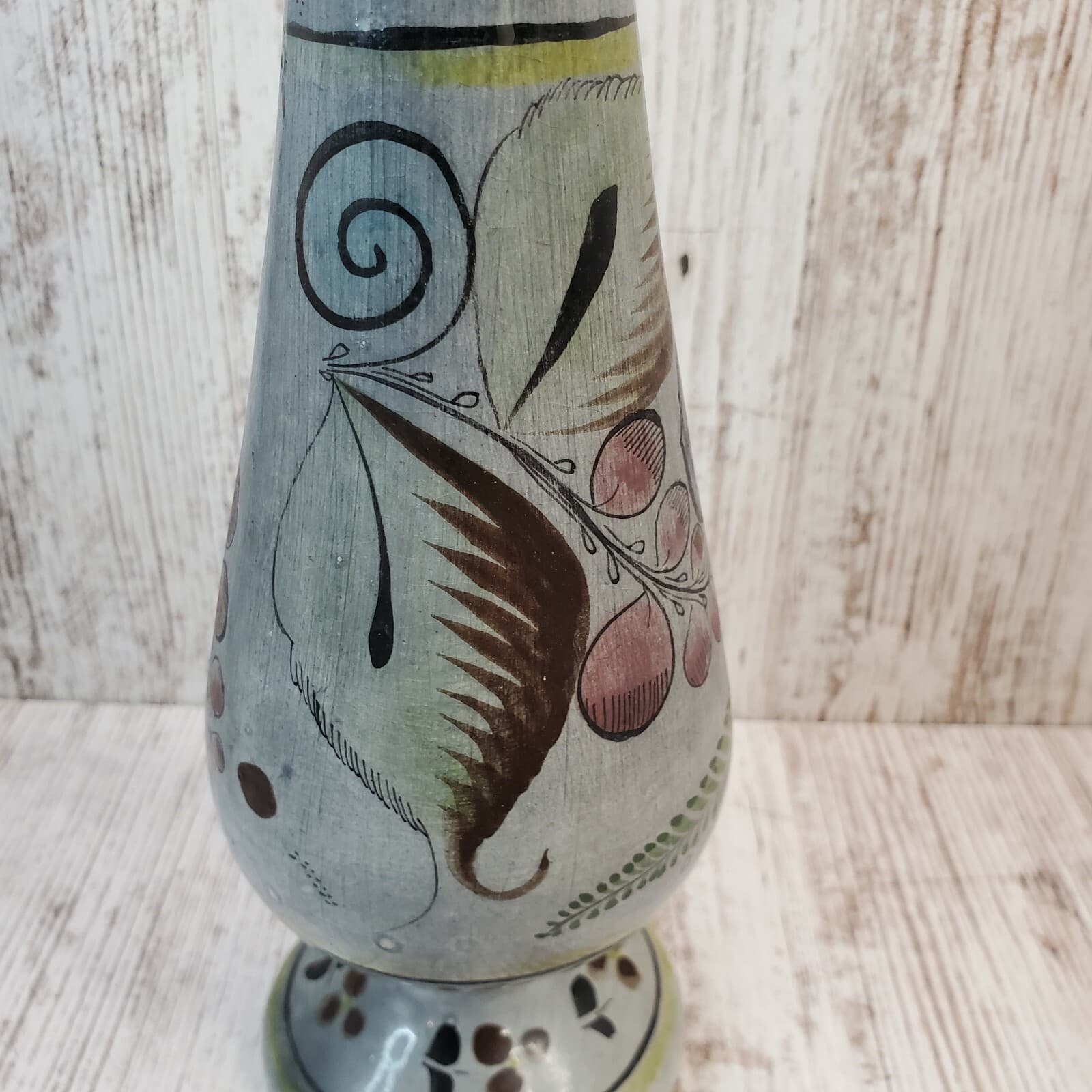Mexican Pottery Blue Brown Tall Vase Hand Painted Floral Flowers Signed Folk Art - Thumbnail 5