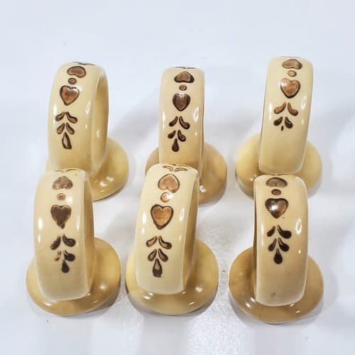 Vintage Pfaltzgraff Village Pattern Stoneware Napkin Rings Beige Brown Set of 6 - Thumbnail 3