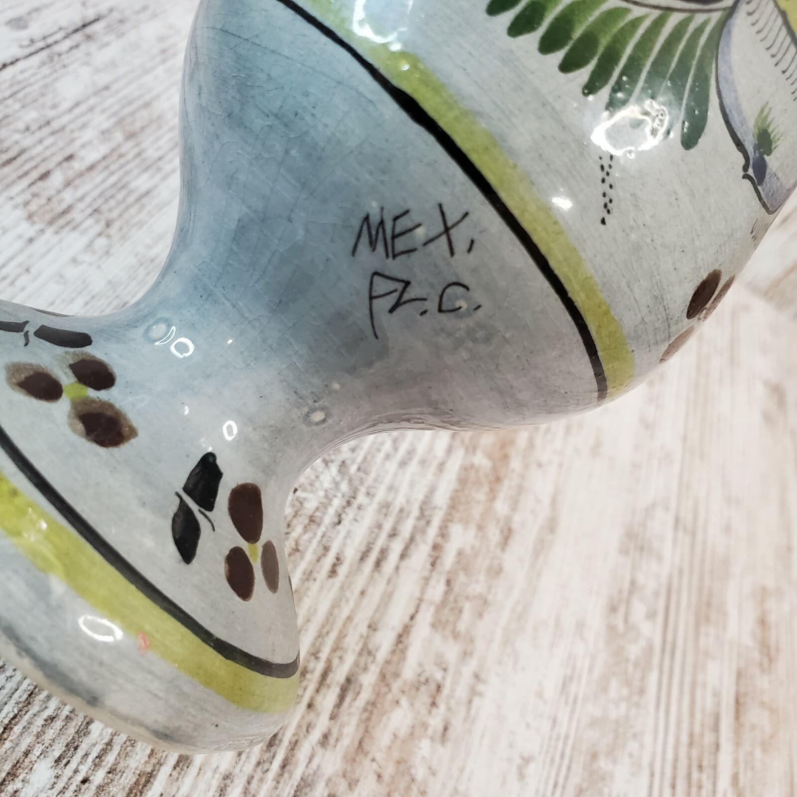 Mexican Pottery Blue Brown Tall Vase Hand Painted Floral Flowers Signed Folk Art - Thumbnail 8
