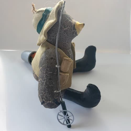 Jointed Bear Fishing Vest Pole Bucket of Fish 7" Cloth Resin Christmas Ornament - Thumbnail 4