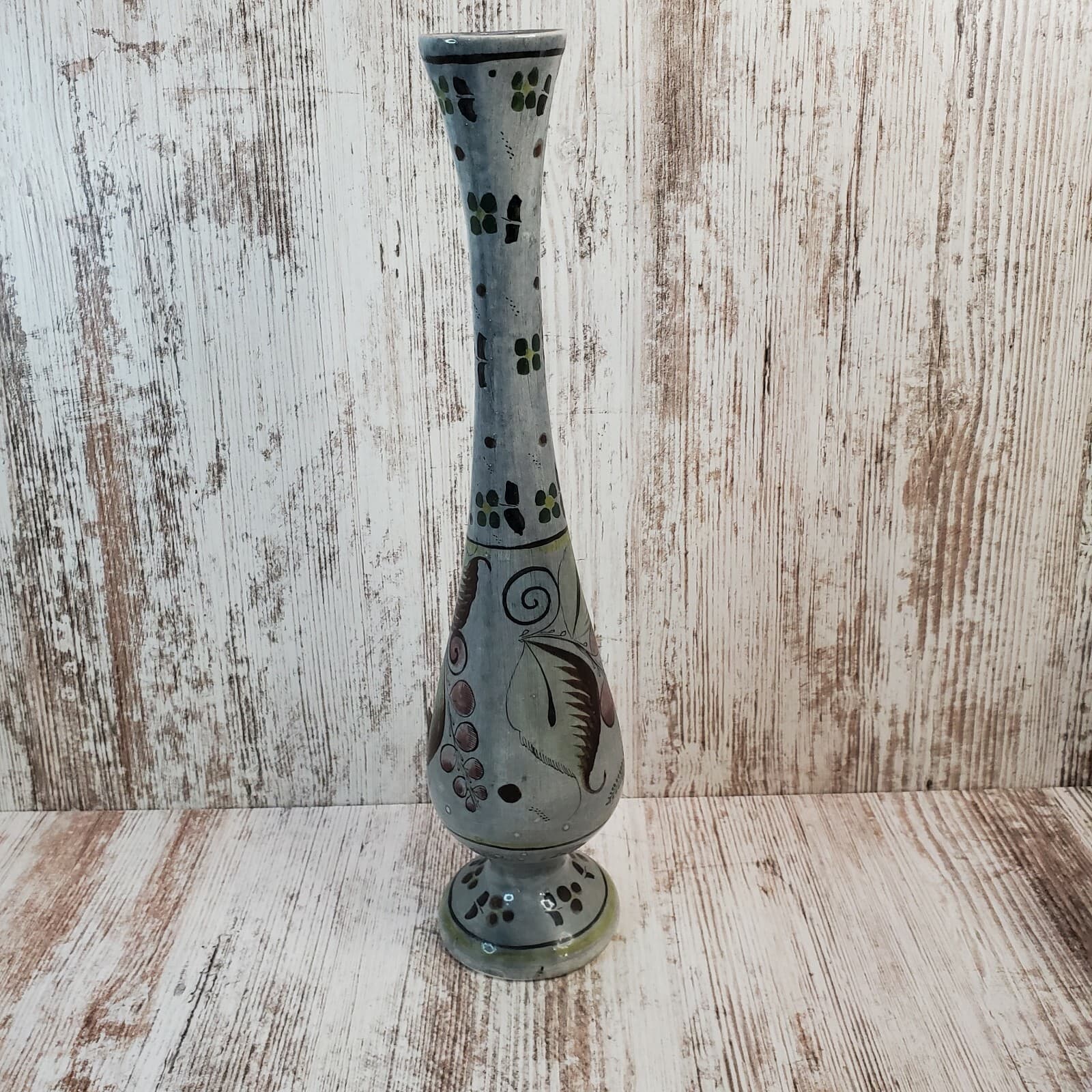 Mexican Pottery Blue Brown Tall Vase Hand Painted Floral Flowers Signed Folk Art - Thumbnail 6