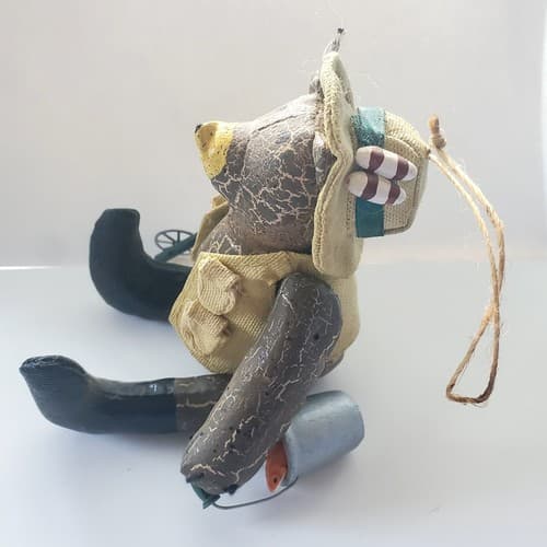 Jointed Bear Fishing Vest Pole Bucket of Fish 7" Cloth Resin Christmas Ornament - Thumbnail 2