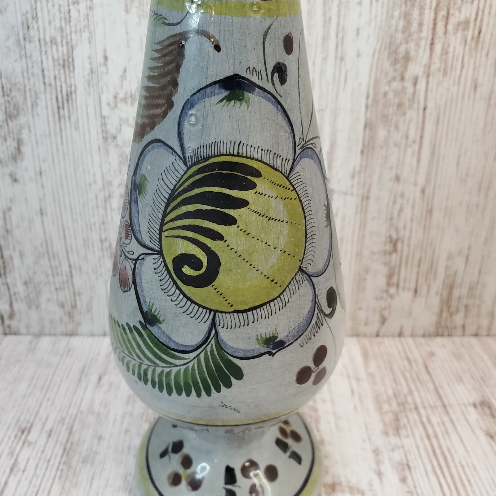 Mexican Pottery Blue Brown Tall Vase Hand Painted Floral Flowers Signed Folk Art - Thumbnail 3