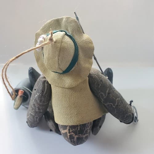 Jointed Bear Fishing Vest Pole Bucket of Fish 7" Cloth Resin Christmas Ornament - Thumbnail 3