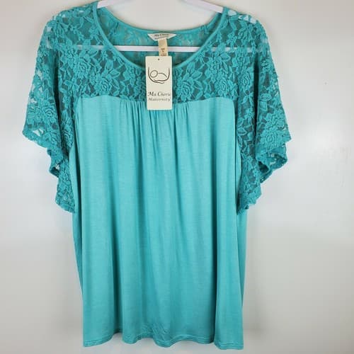 Ma Cherie Maternity Clothing Aqua Lace Flutter Short Sleeve Top Size L NWT