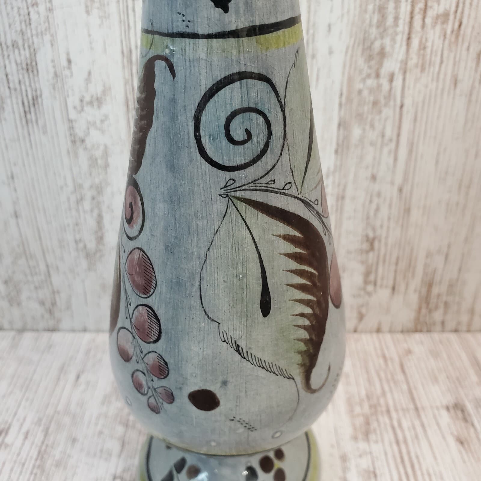Mexican Pottery Blue Brown Tall Vase Hand Painted Floral Flowers Signed Folk Art - Thumbnail 7