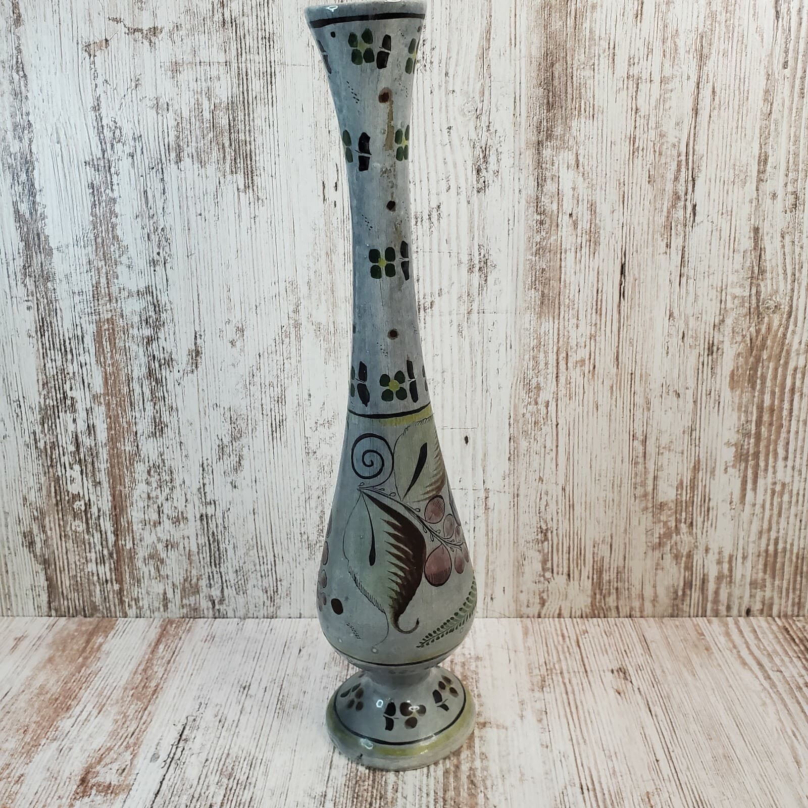Mexican Pottery Blue Brown Tall Vase Hand Painted Floral Flowers Signed Folk Art - Thumbnail 4