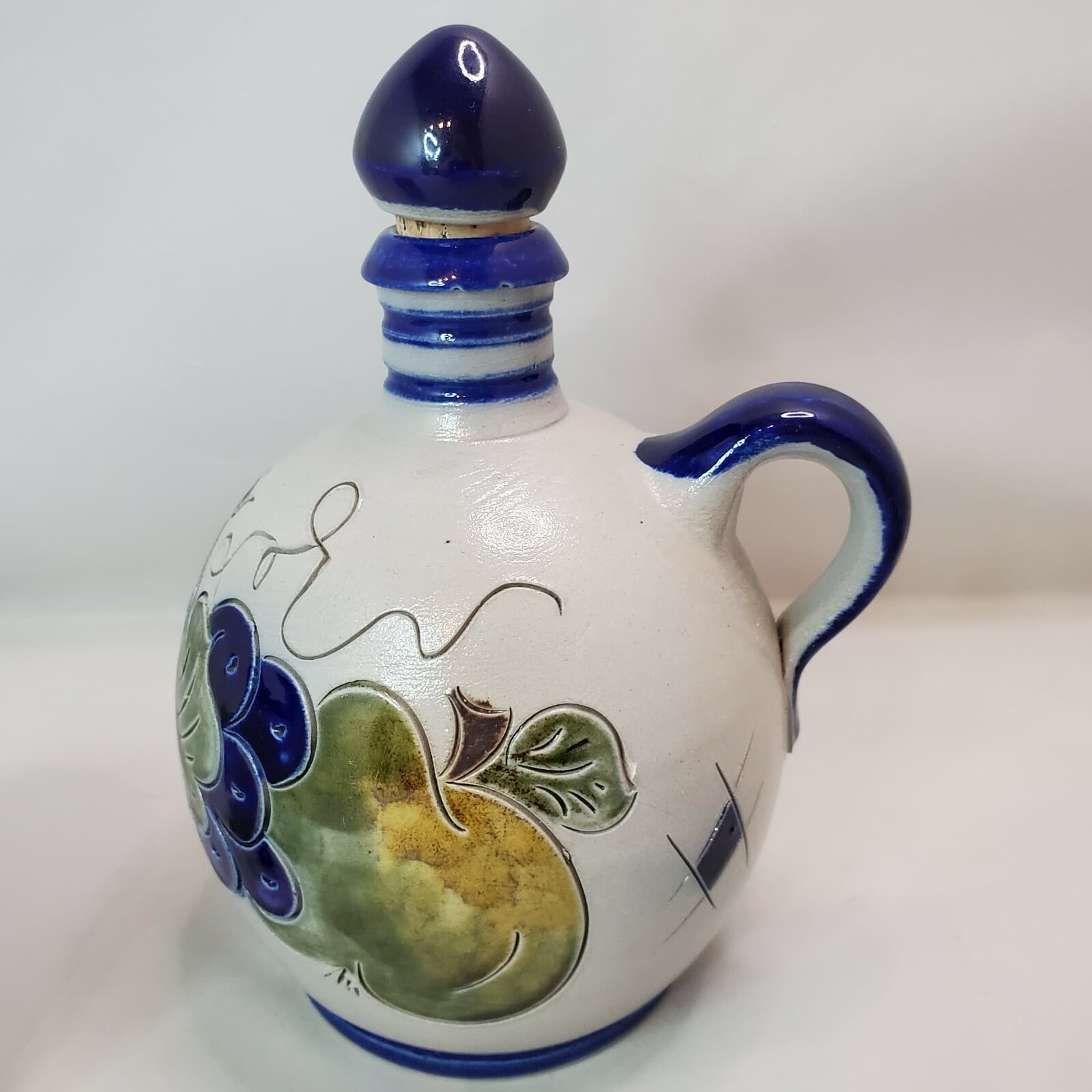 Handarbeit Germany Salt Glazed Pottery Jug and Matching Cup Cobalt Blue Fruit - Thumbnail 5