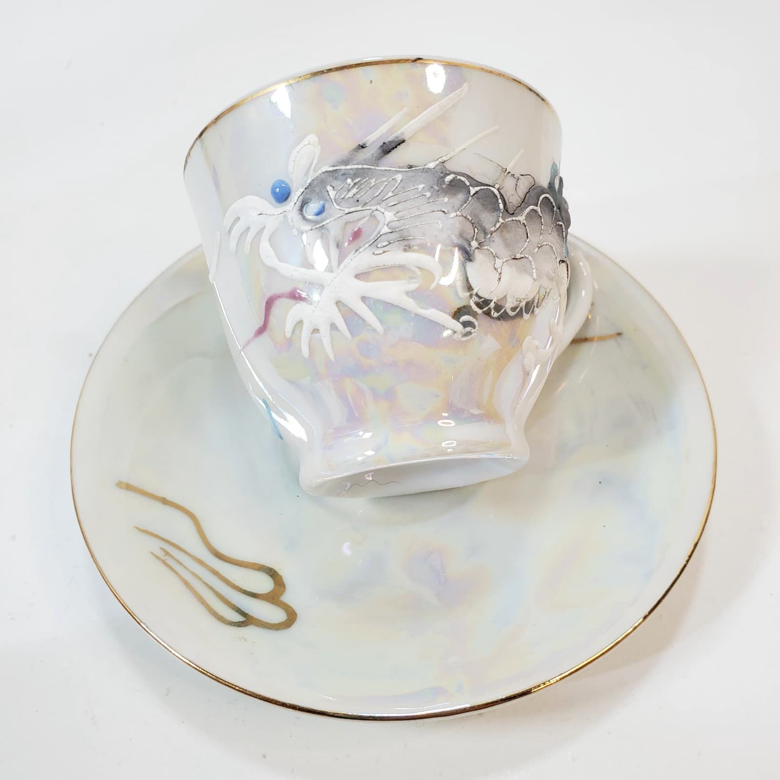 Vintage Japanese Porcelain Moriage Dragon Ware Lithophane Luster Tea Cup Japan