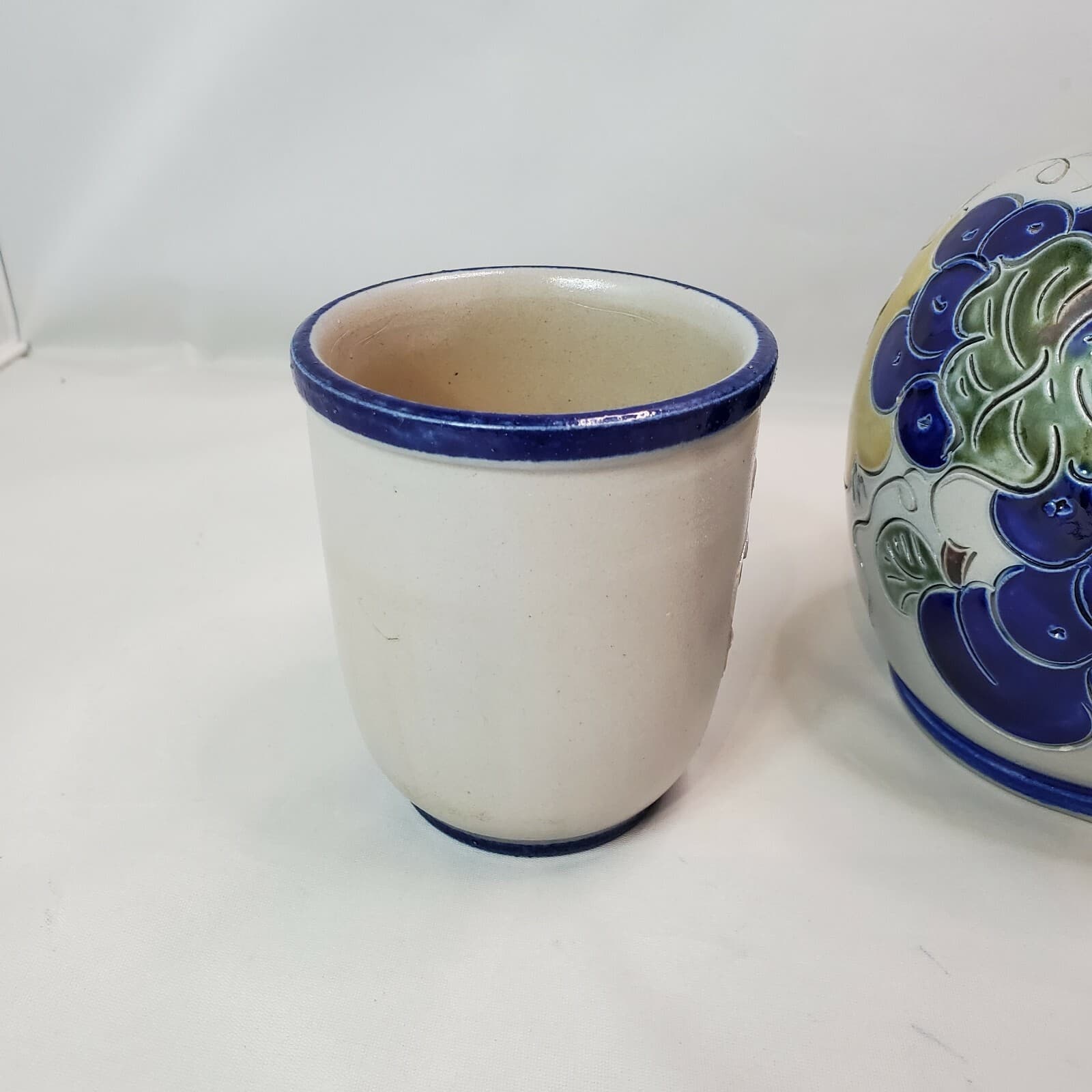 Handarbeit Germany Salt Glazed Pottery Jug and Matching Cup Cobalt Blue Fruit - Thumbnail 7
