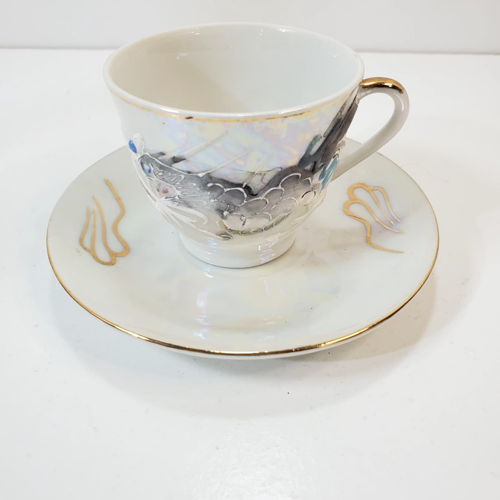 Vintage Japanese Porcelain Moriage Dragon Ware Lithophane Luster Tea Cup Japan - Thumbnail 3