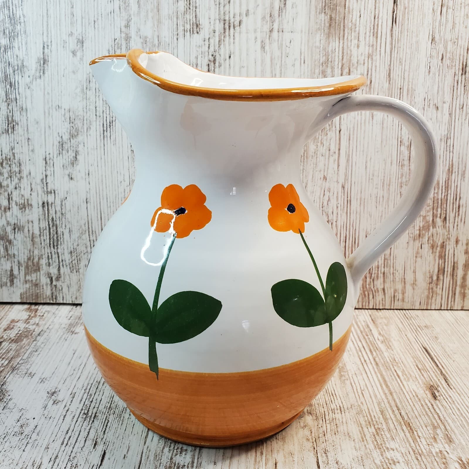 Vintage Pottery Pitcher Painted Orange Flowers Signed Italy Earthenware 7"