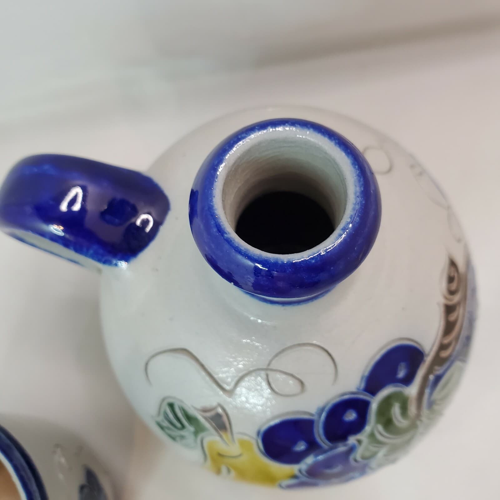 Handarbeit Germany Salt Glazed Pottery Jug and Matching Cup Cobalt Blue Fruit - Thumbnail 3