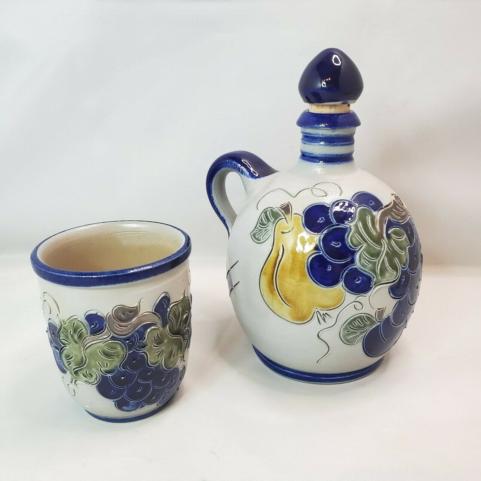 Handarbeit Germany Salt Glazed Pottery Jug and Matching Cup Cobalt Blue Fruit