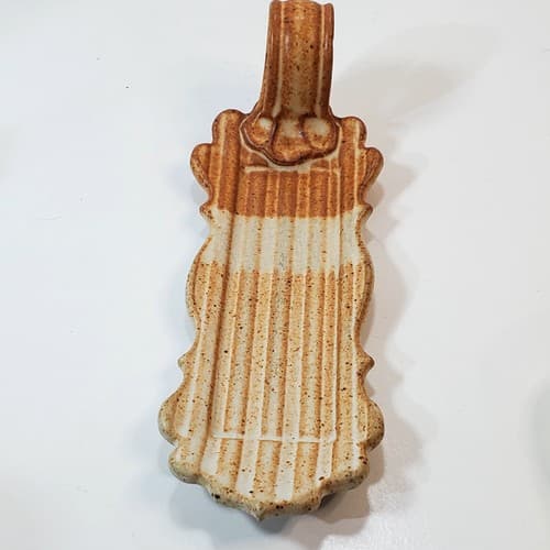 Vtg Marcia Muth Rustic Art Pottery Tri Color Butter Stick Dish W/ Handle Scallop - Thumbnail 2