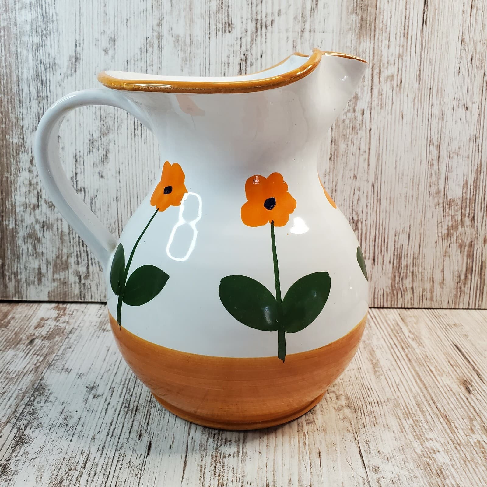 Vintage Pottery Pitcher Painted Orange Flowers Signed Italy Earthenware 7" - Thumbnail 2