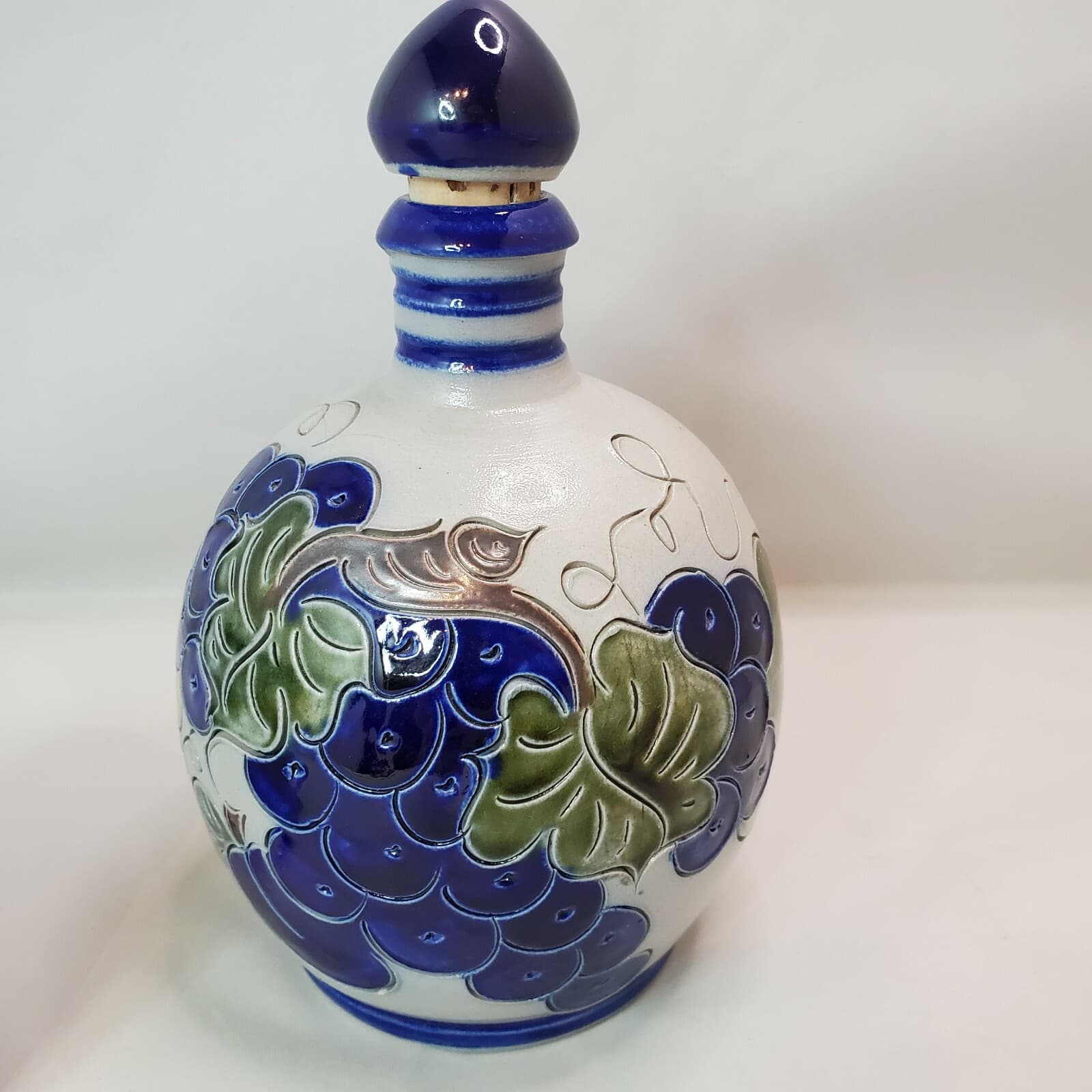 Handarbeit Germany Salt Glazed Pottery Jug and Matching Cup Cobalt Blue Fruit - Thumbnail 6