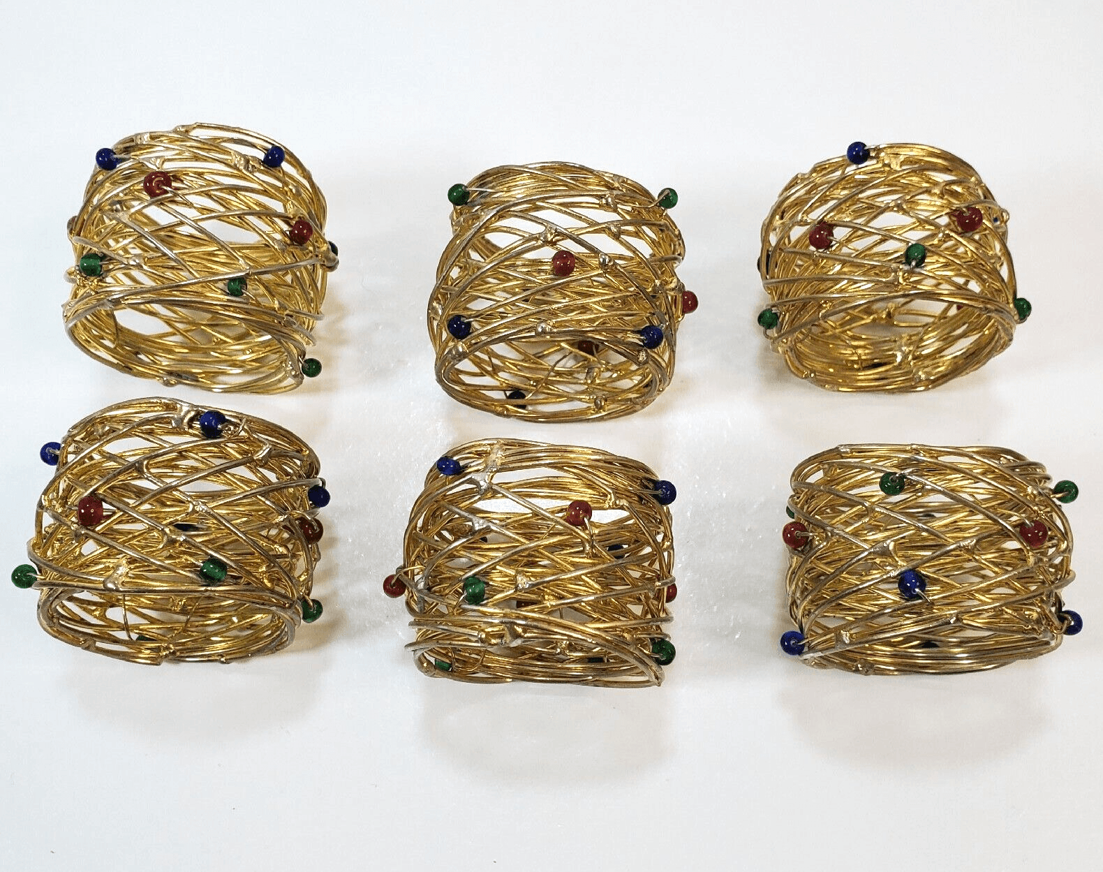 Wire Brass Gold Tone Metal with Beads Napkin Ring Holders Set of 6 Holidays