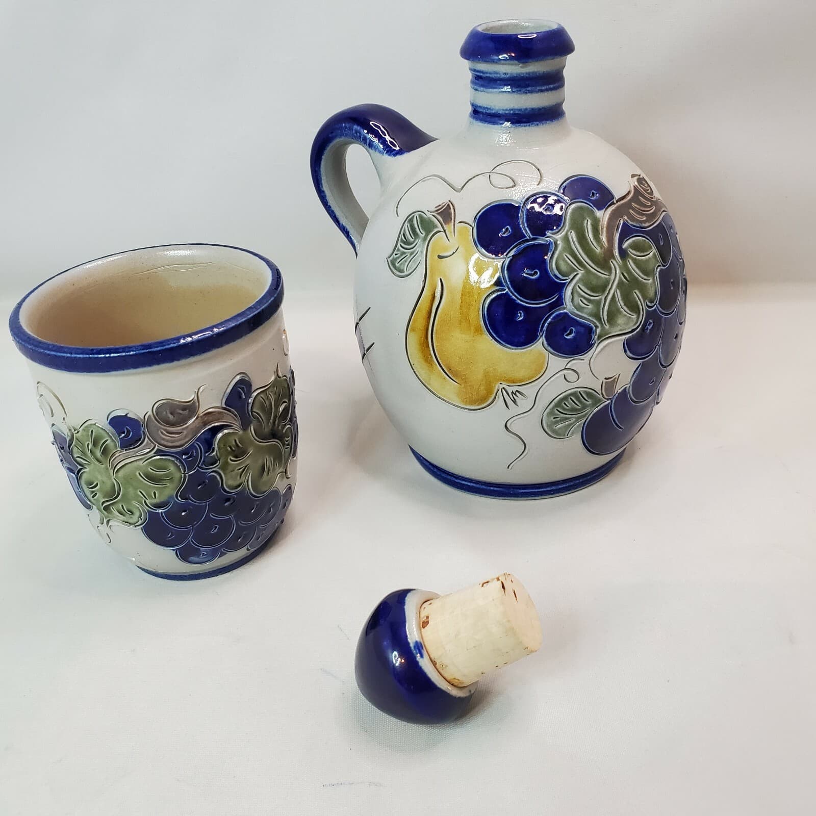 Handarbeit Germany Salt Glazed Pottery Jug and Matching Cup Cobalt Blue Fruit - Thumbnail 2