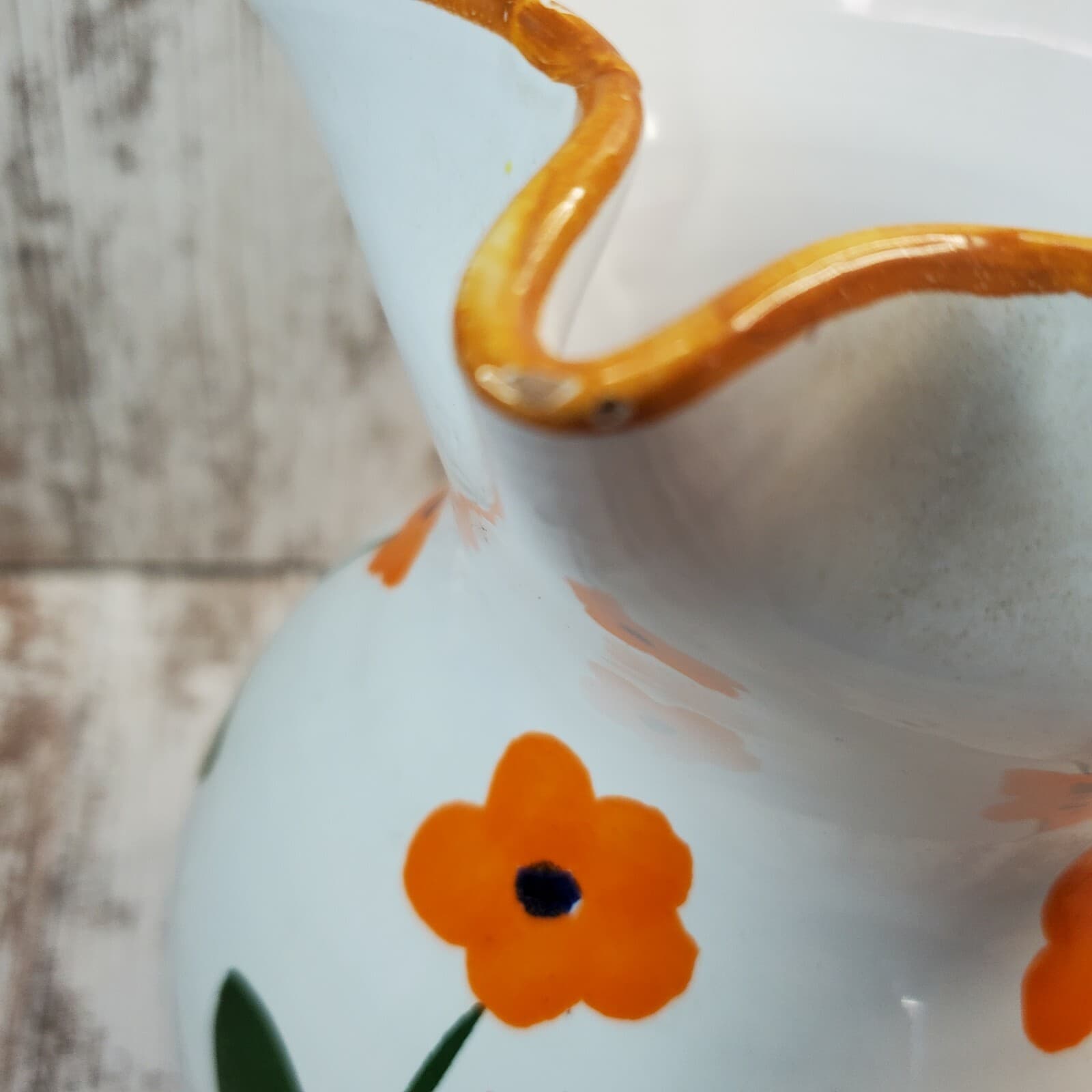 Vintage Pottery Pitcher Painted Orange Flowers Signed Italy Earthenware 7" - Thumbnail 7