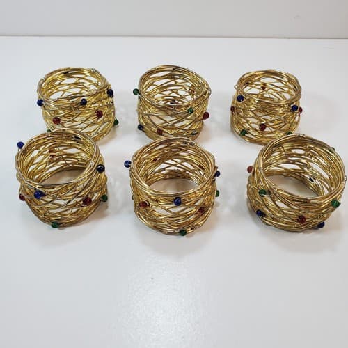Wire Brass Gold Tone Metal with Beads Napkin Ring Holders Set of 6 Holidays - Thumbnail 2
