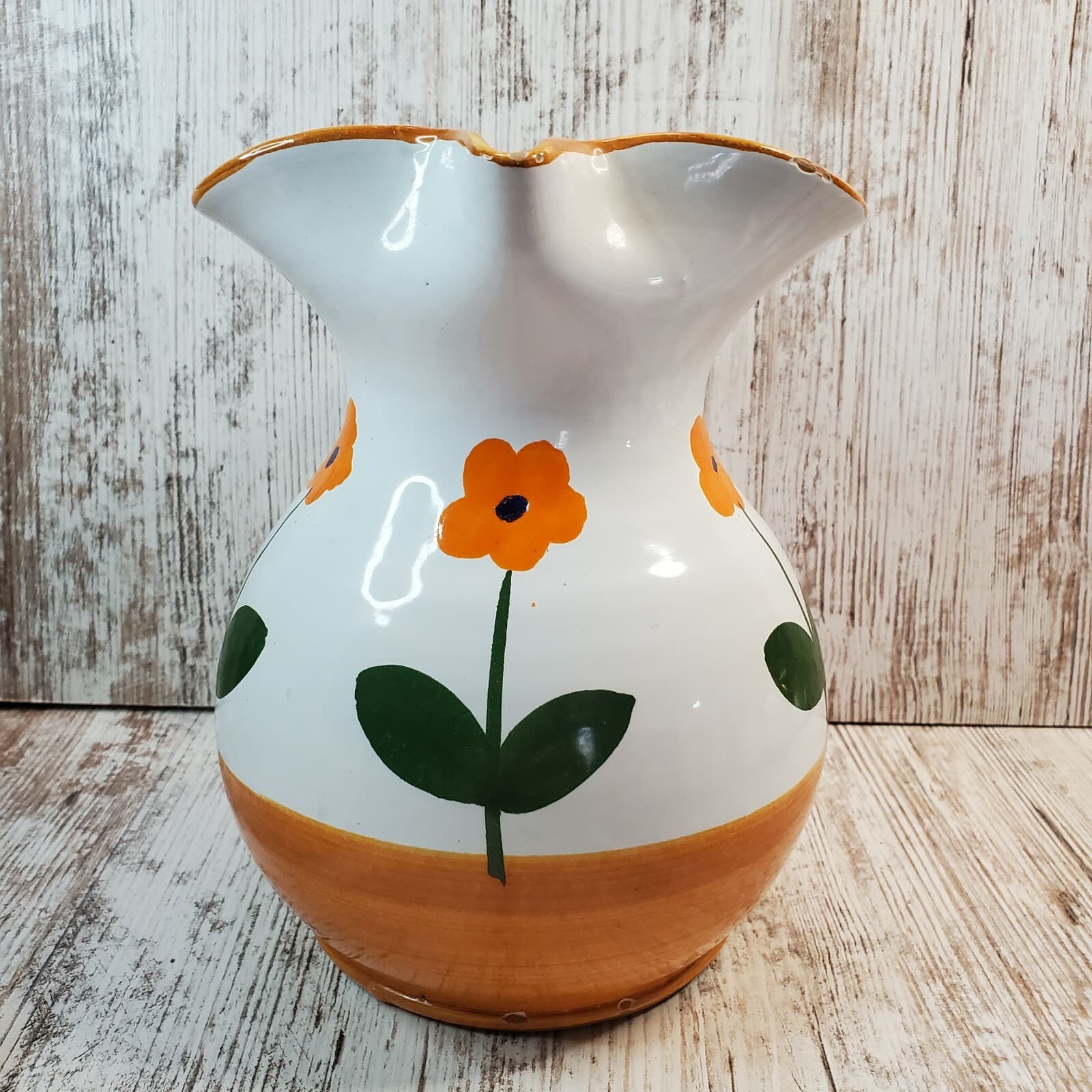 Vintage Pottery Pitcher Painted Orange Flowers Signed Italy Earthenware 7" - Thumbnail 3