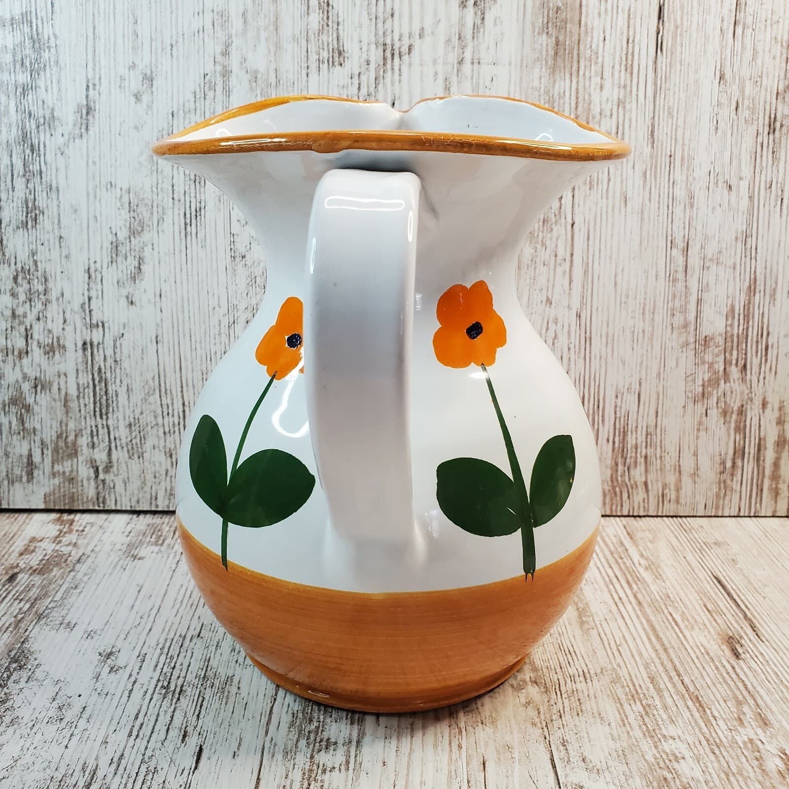 Vintage Pottery Pitcher Painted Orange Flowers Signed Italy Earthenware 7" - Thumbnail 5