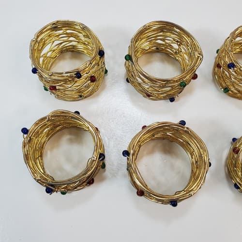 Wire Brass Gold Tone Metal with Beads Napkin Ring Holders Set of 6 Holidays - Thumbnail 3
