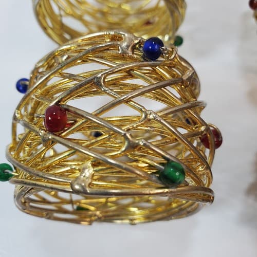 Wire Brass Gold Tone Metal with Beads Napkin Ring Holders Set of 6 Holidays - Thumbnail 4