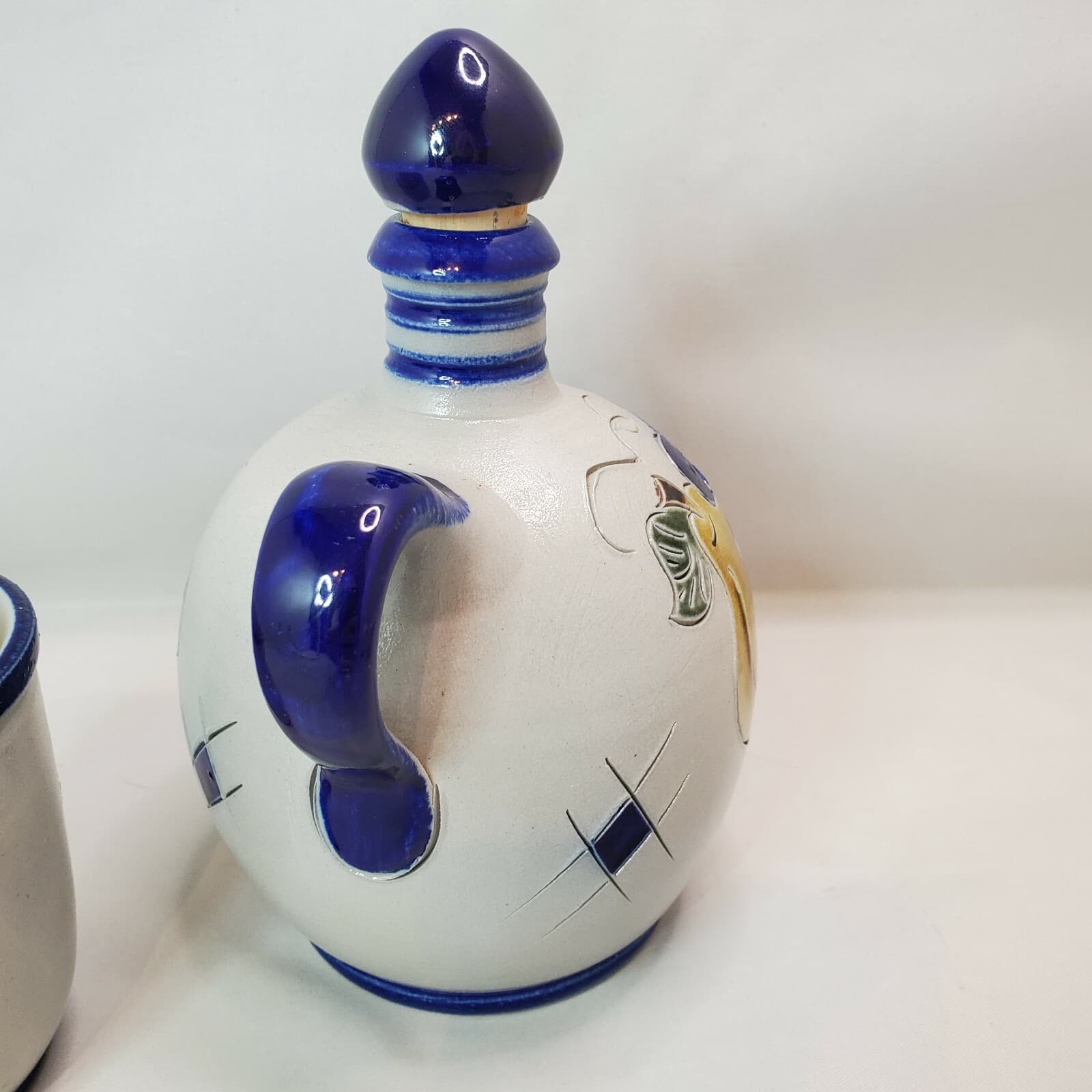 Handarbeit Germany Salt Glazed Pottery Jug and Matching Cup Cobalt Blue Fruit - Thumbnail 4