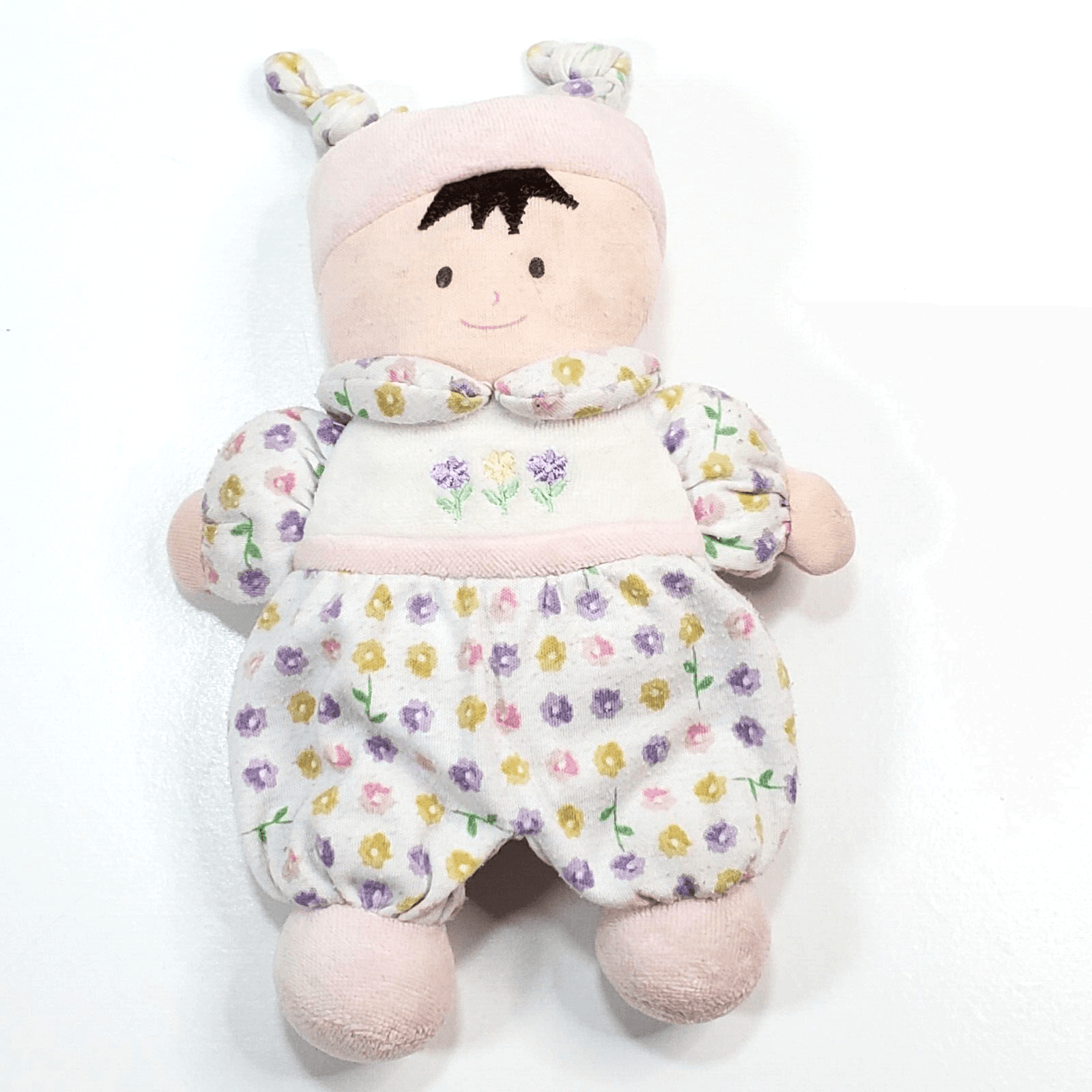 Vtg Carters Baby Girl Doll Flower Rattle Stuffed Plush Cloth Knot Hat Brown Hair