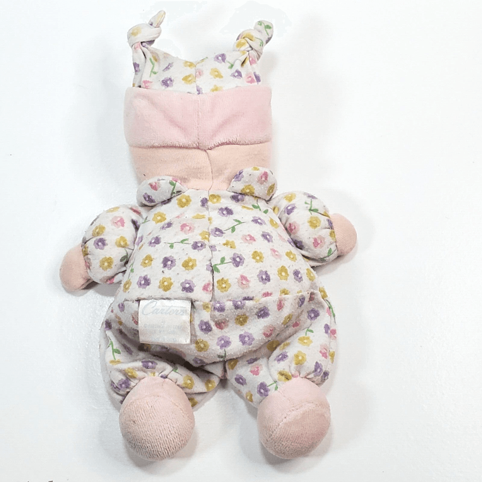 Vtg Carters Baby Girl Doll Flower Rattle Stuffed Plush Cloth Knot Hat Brown Hair - Thumbnail 2