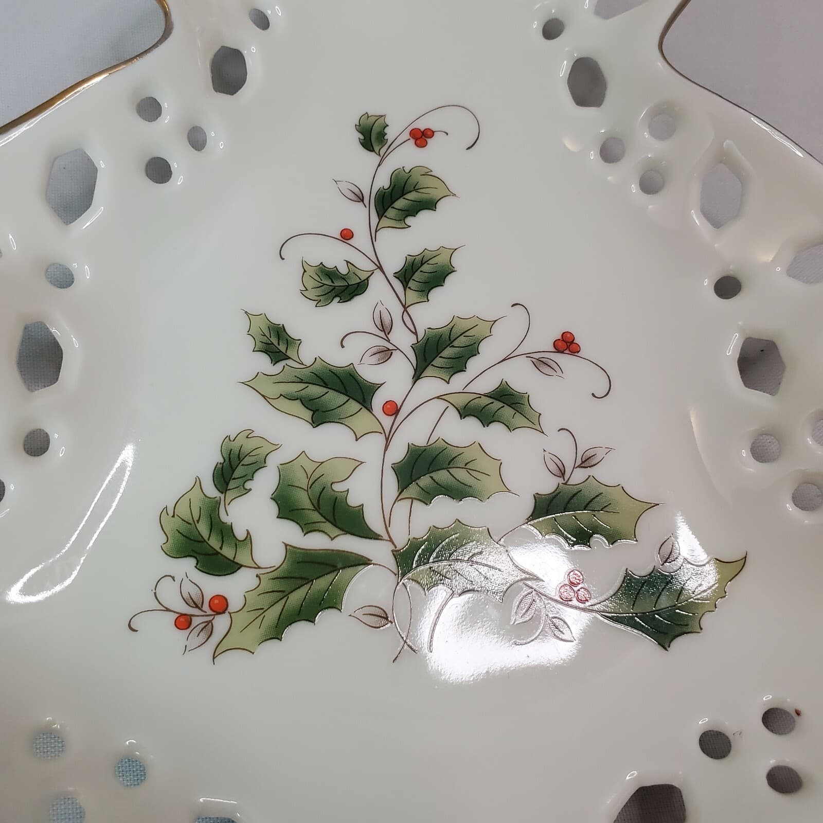 Vtg Christmas Tree Candy Dish Fine China Japan Gold Trimmed Reticulated Holiday - Thumbnail 2