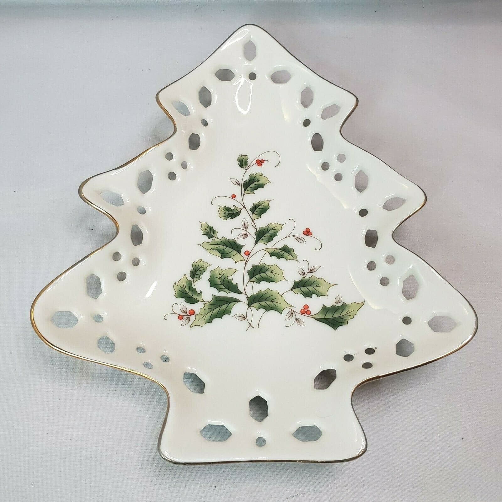 Vtg Christmas Tree Candy Dish Fine China Japan Gold Trimmed Reticulated Holiday